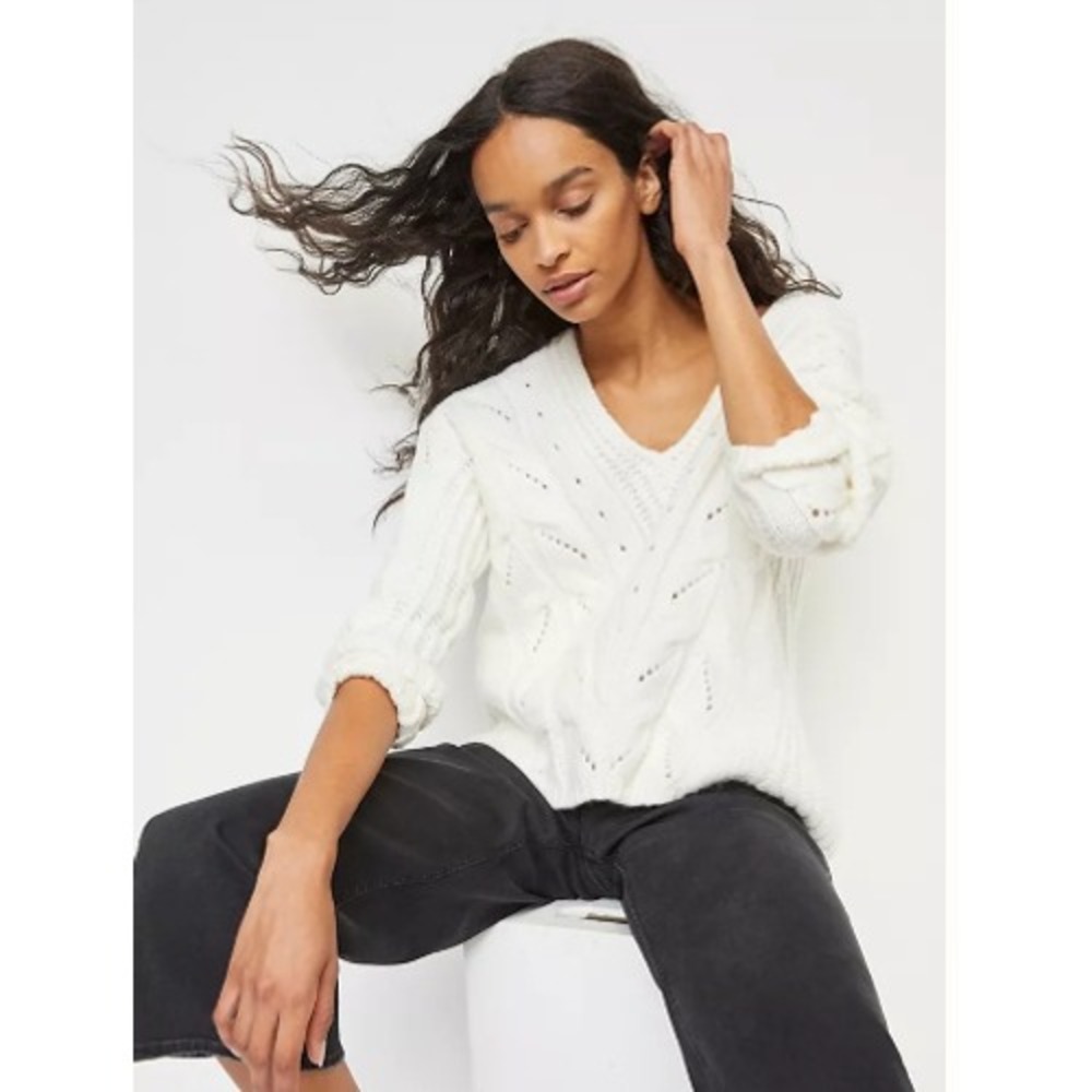 Anthropologie Ramona Cable Knit Sweater Womens L Ivory V-Neck Slouchy Chunky